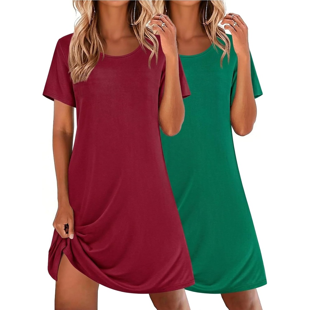 image:imageEkouaer 2 Pack Nightgowns for Women Sleepshirt Short Sleeve Night ShirtsGreenred