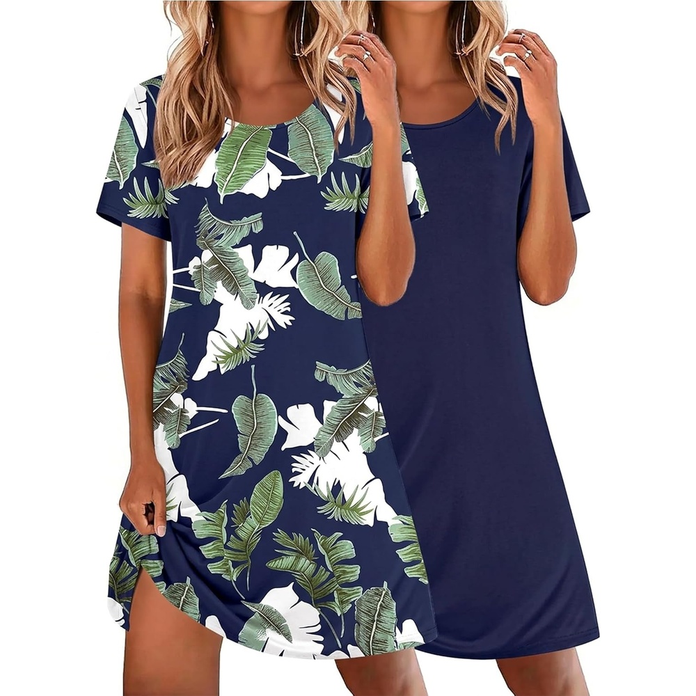 image:imageEkouaer 2 Pack Nightgowns for Women Sleepshirt Short Sleeve Night ShirtsTropical Leafnavy Blue