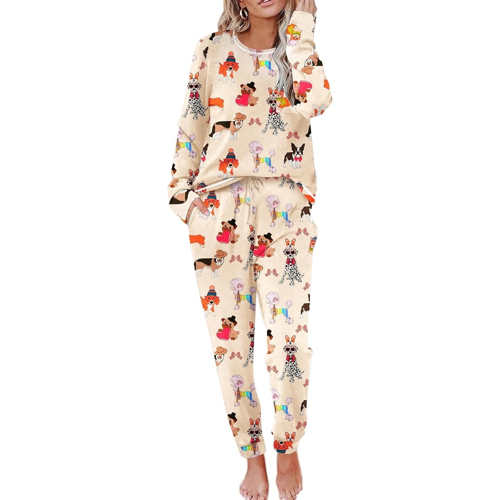 image:imageEkouaer Pajamas Womens Long Sleeve Pj Set Soft 2 Piece Lounge SetsChampagne Dog Print