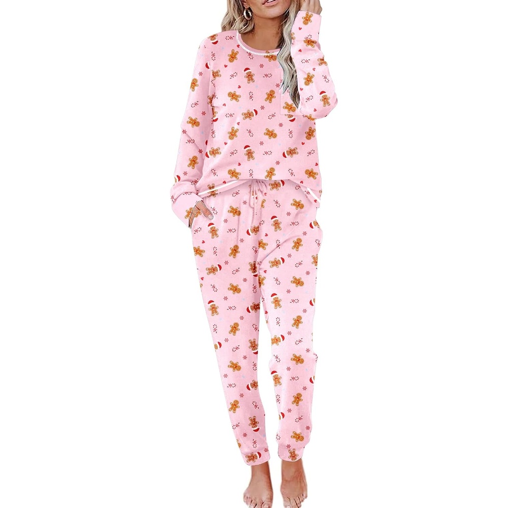 image:imageEkouaer Pajamas Womens Long Sleeve Pj Set Soft 2 Piece Lounge SetsChristmas Pink Gingerbread Man