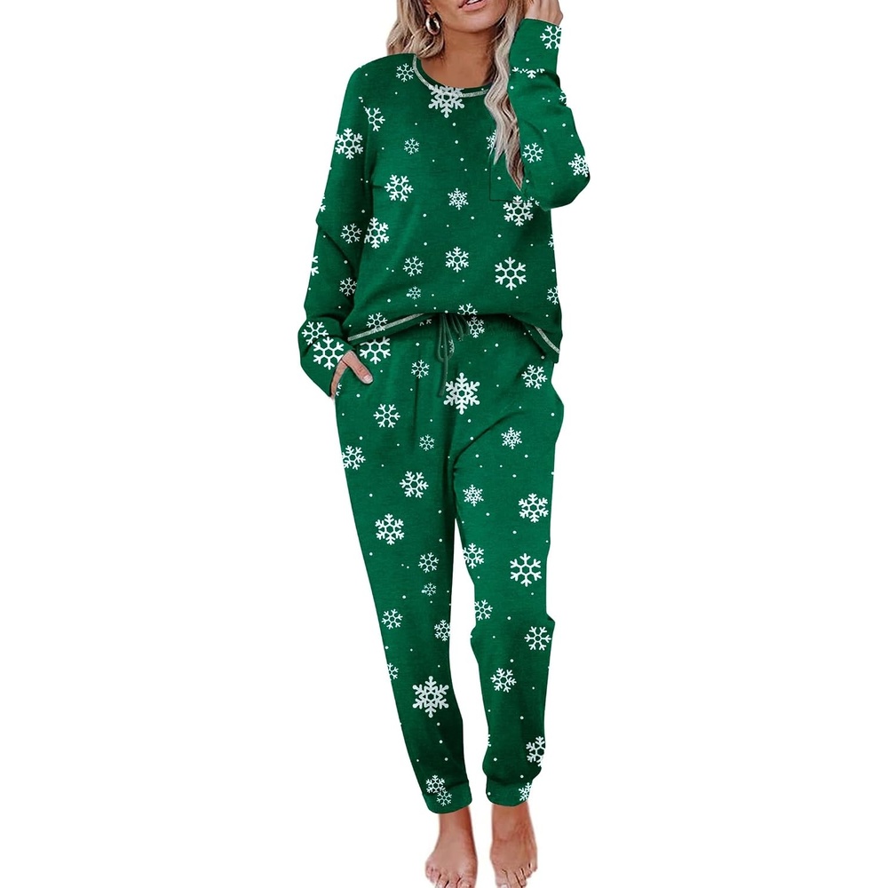 image:imageEkouaer Pajamas Womens Long Sleeve Pj Set Soft 2 Piece Lounge SetsGreen Snowflakes
