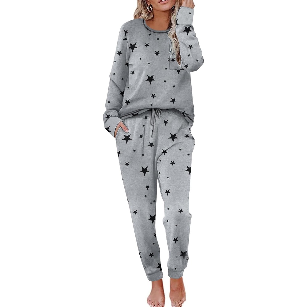 image:imageEkouaer Pajamas Womens Long Sleeve Pj Set Soft 2 Piece Lounge SetsGrey Black Star