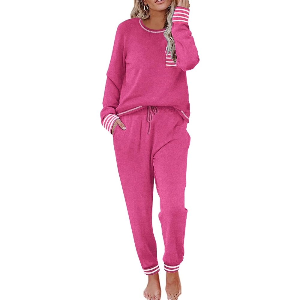 image:imageEkouaer Pajamas Womens Long Sleeve Pj Set Soft 2 Piece Lounge SetsRose Red