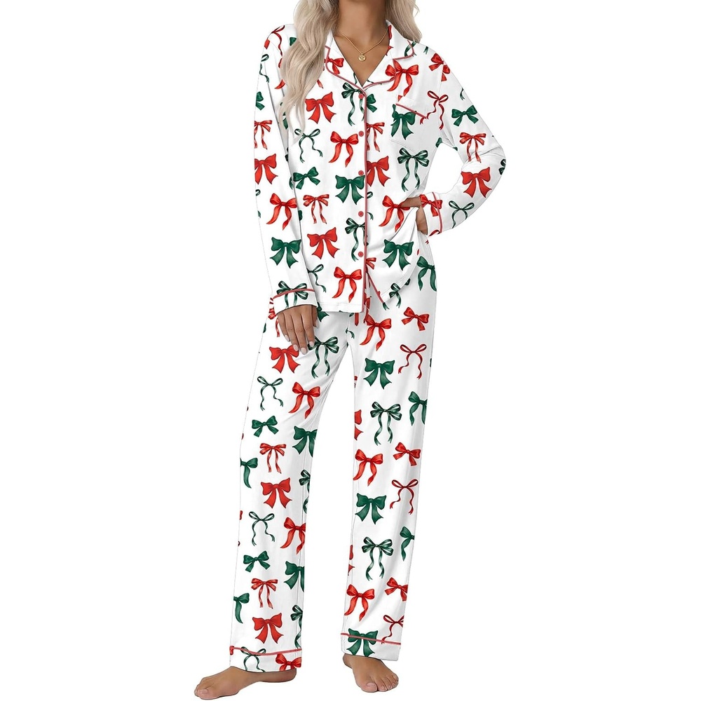 image:imageEkouaer Pajamas Womens Long Sleeve Sleepwear Button Down Loungewear Pjs SetBow Red Green