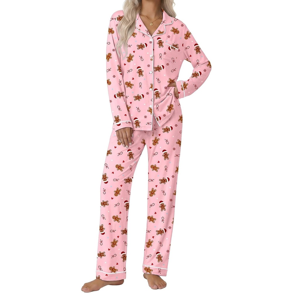 image:imageEkouaer Pajamas Womens Long Sleeve Sleepwear Button Down Loungewear Pjs SetChristmas Pink Gingerbread Man