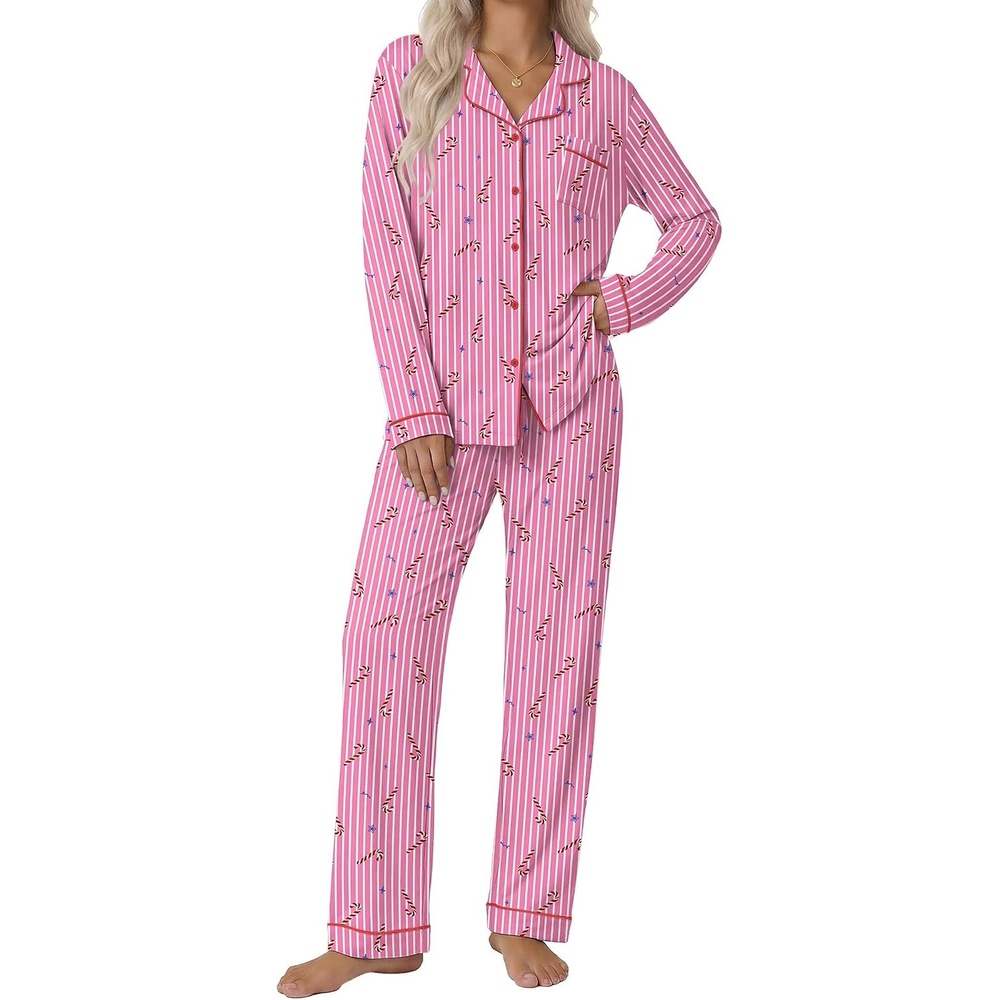 image:imageEkouaer Pajamas Womens Long Sleeve Sleepwear Button Down Loungewear Pjs SetChristmas Rose Striped