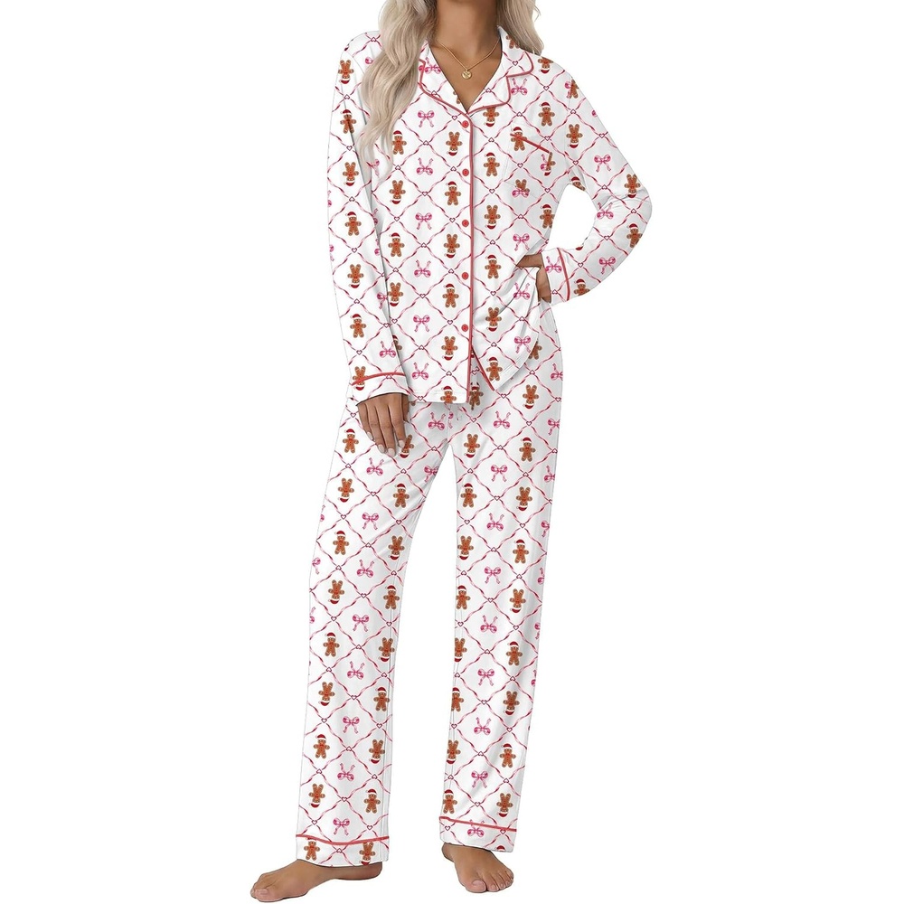 image:imageEkouaer Pajamas Womens Long Sleeve Sleepwear Button Down Loungewear Pjs SetChristmas White Gingerbread Man