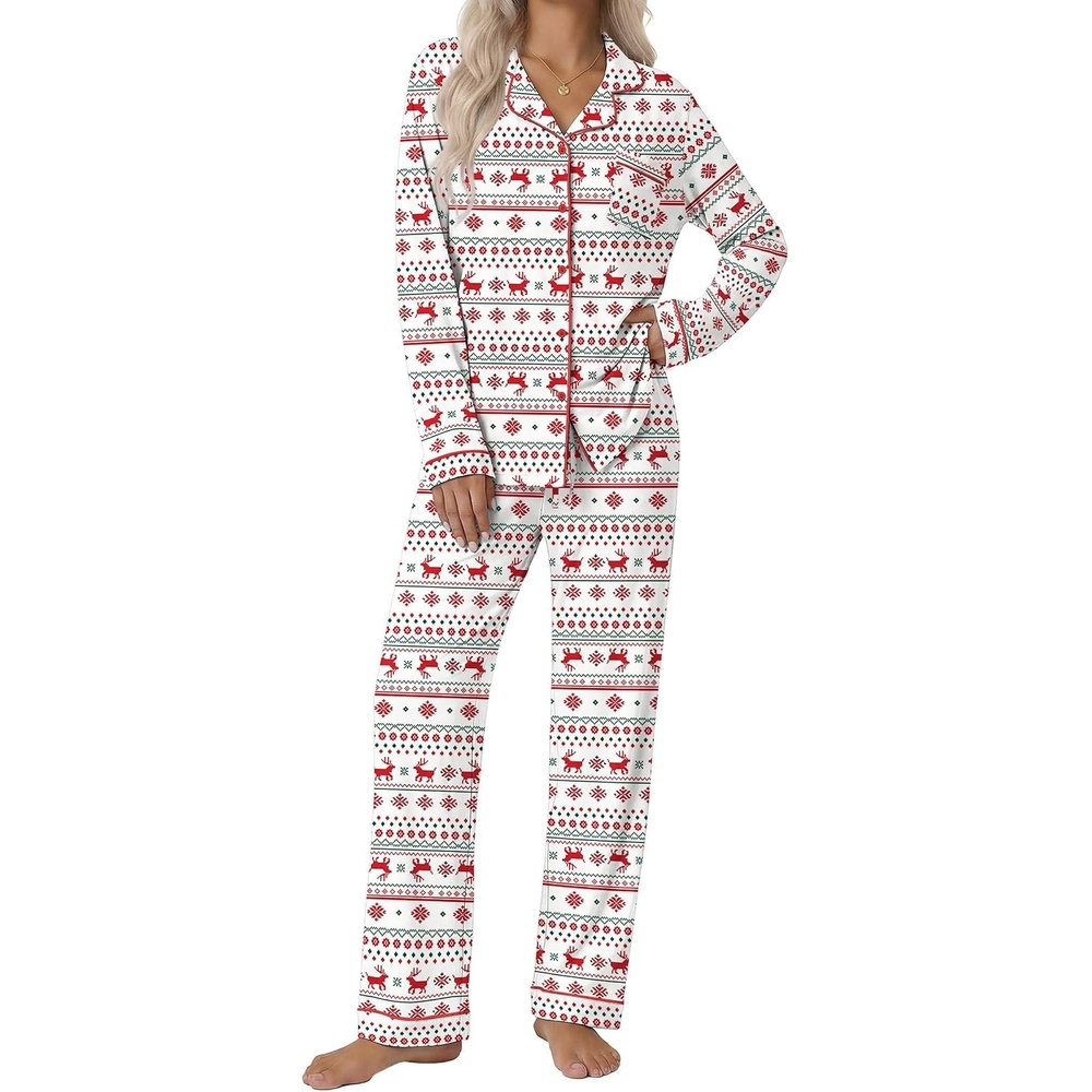 image:imageEkouaer Pajamas Womens Long Sleeve Sleepwear Button Down Loungewear Pjs SetChristmas White Red