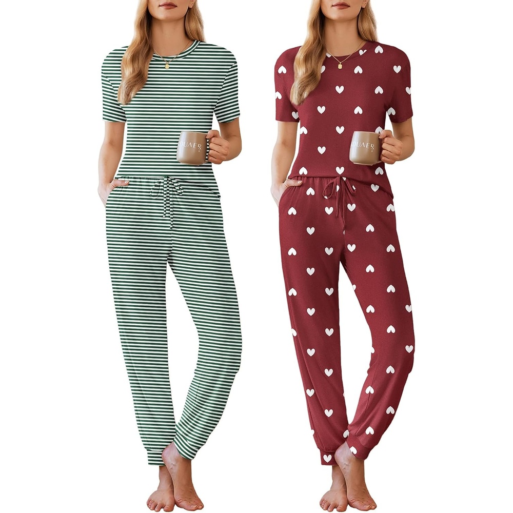 image:imageEkouaer Pajamas for Women Set 2 Pack Lounge SetGreen Stripered Heart