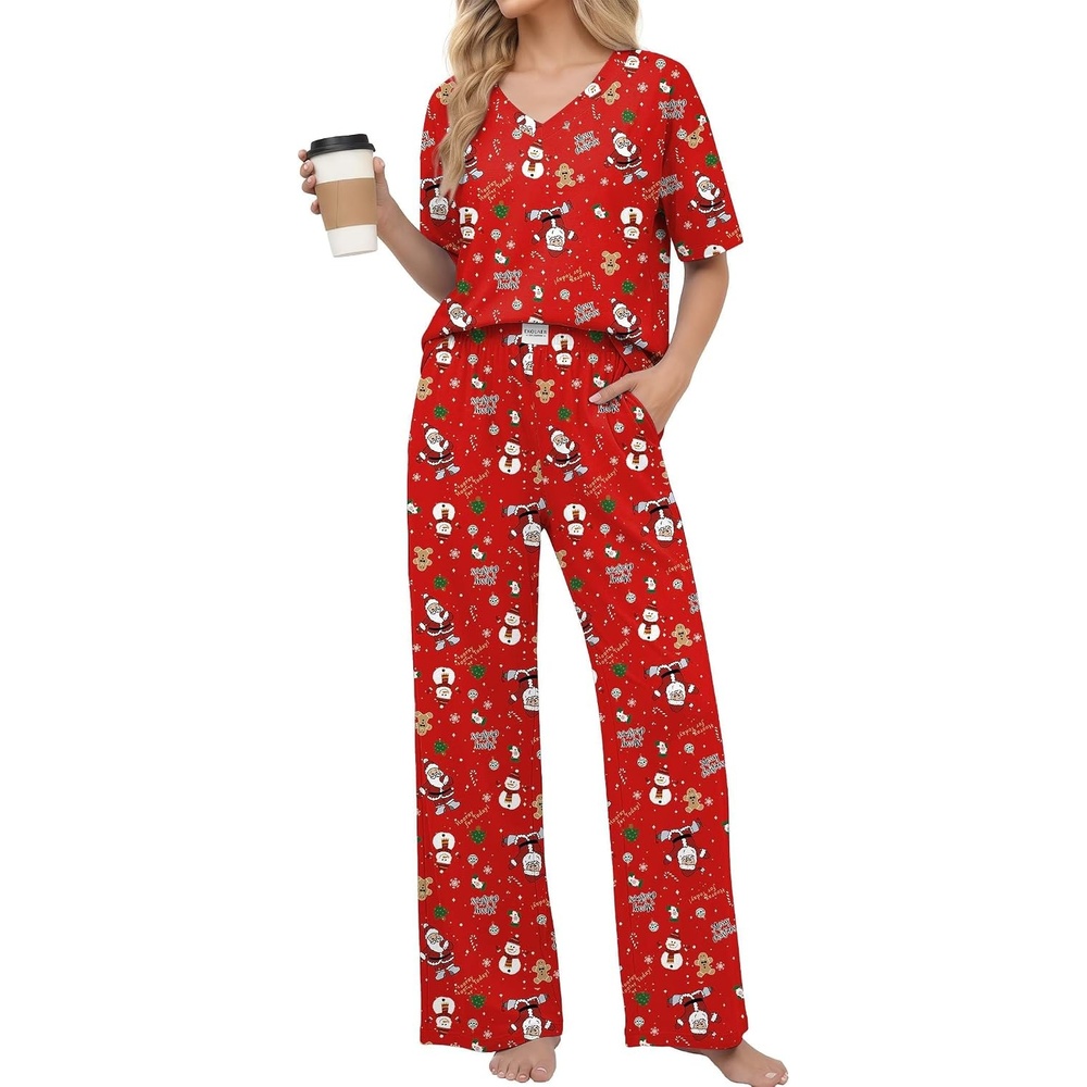 image:imageEkouaer Womens Pajama Sets Cotton Short Sleeve Long Pants Lounge SetChristmas Red