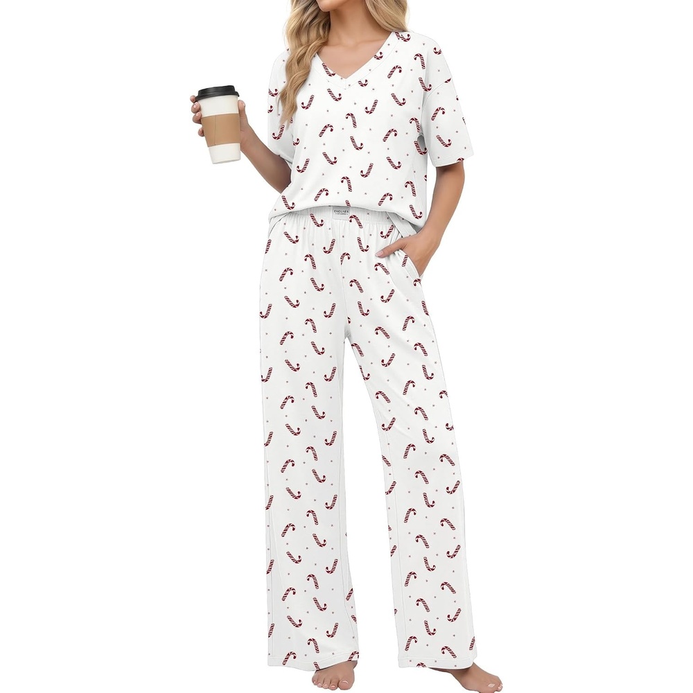 image:imageEkouaer Womens Pajama Sets Cotton Short Sleeve Long Pants Lounge SetChristmas White