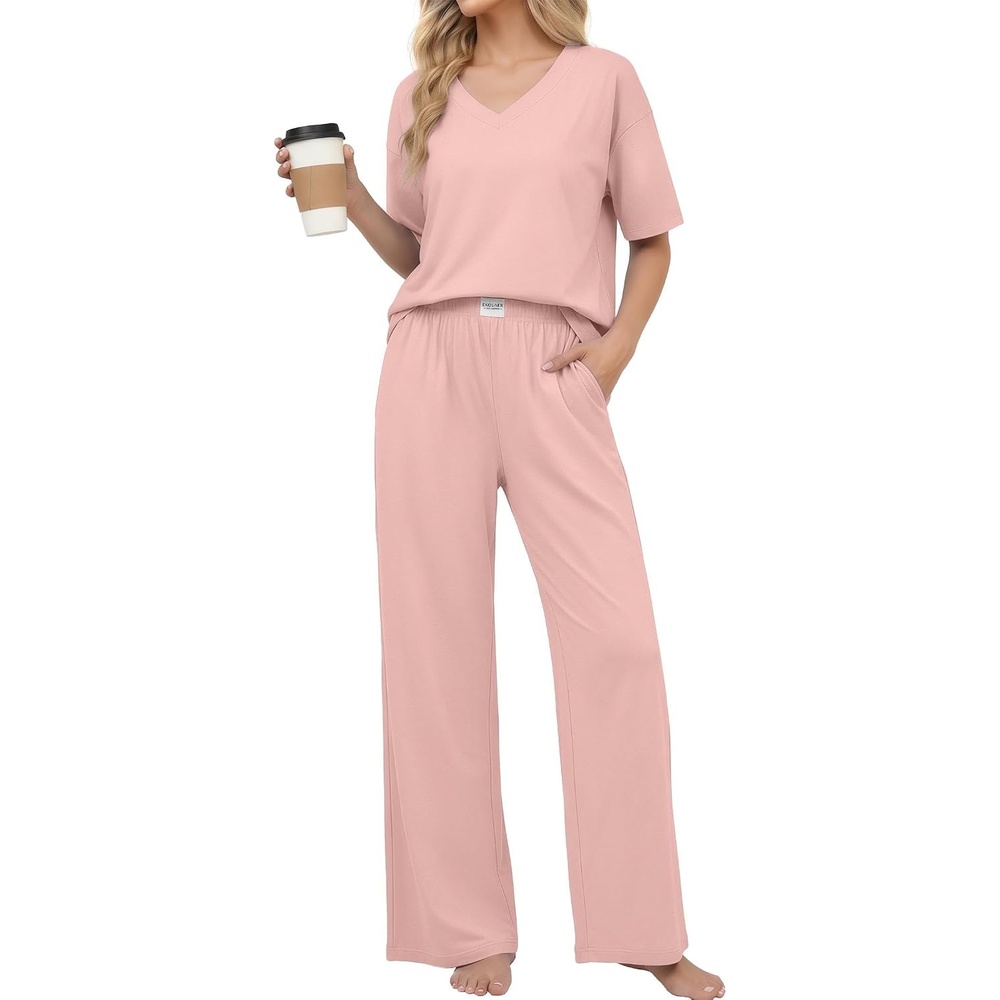 image:imageEkouaer Womens Pajama Sets Cotton Short Sleeve Long Pants Lounge SetPink
