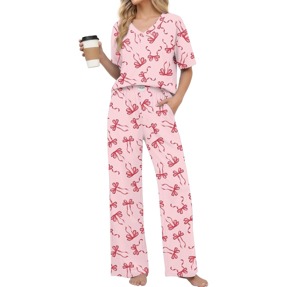 image:imageEkouaer Womens Pajama Sets Cotton Short Sleeve Long Pants Lounge SetPink Red Bow Knot