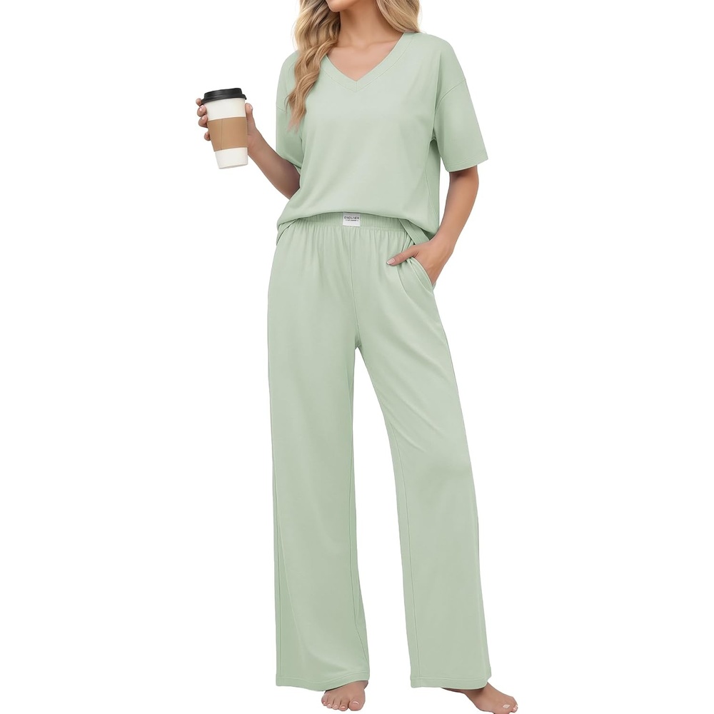 image:imageEkouaer Womens Pajama Sets Cotton Short Sleeve Long Pants Lounge SetSage Green
