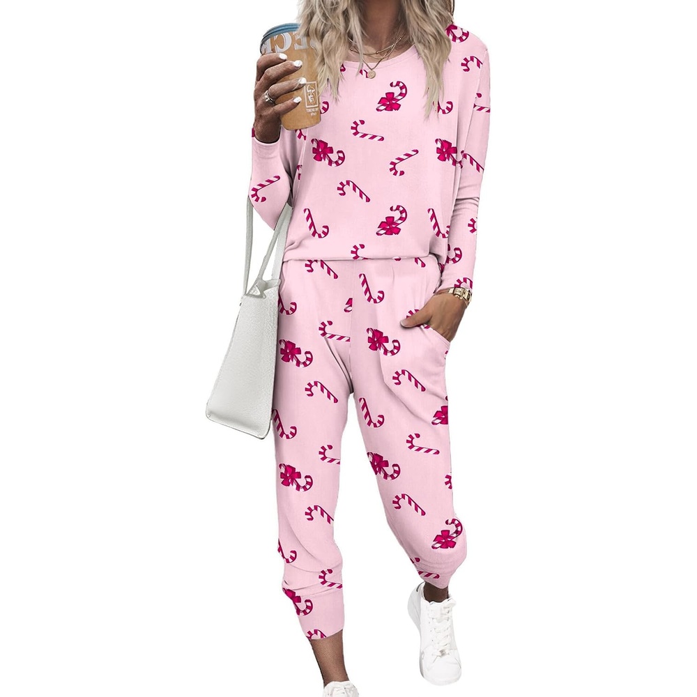 image:imageEkouaer Womens Pajama Sets Long Sleeve Jogger Pj Sets with Pockets XSXXLChristmas Pink Candy Cane