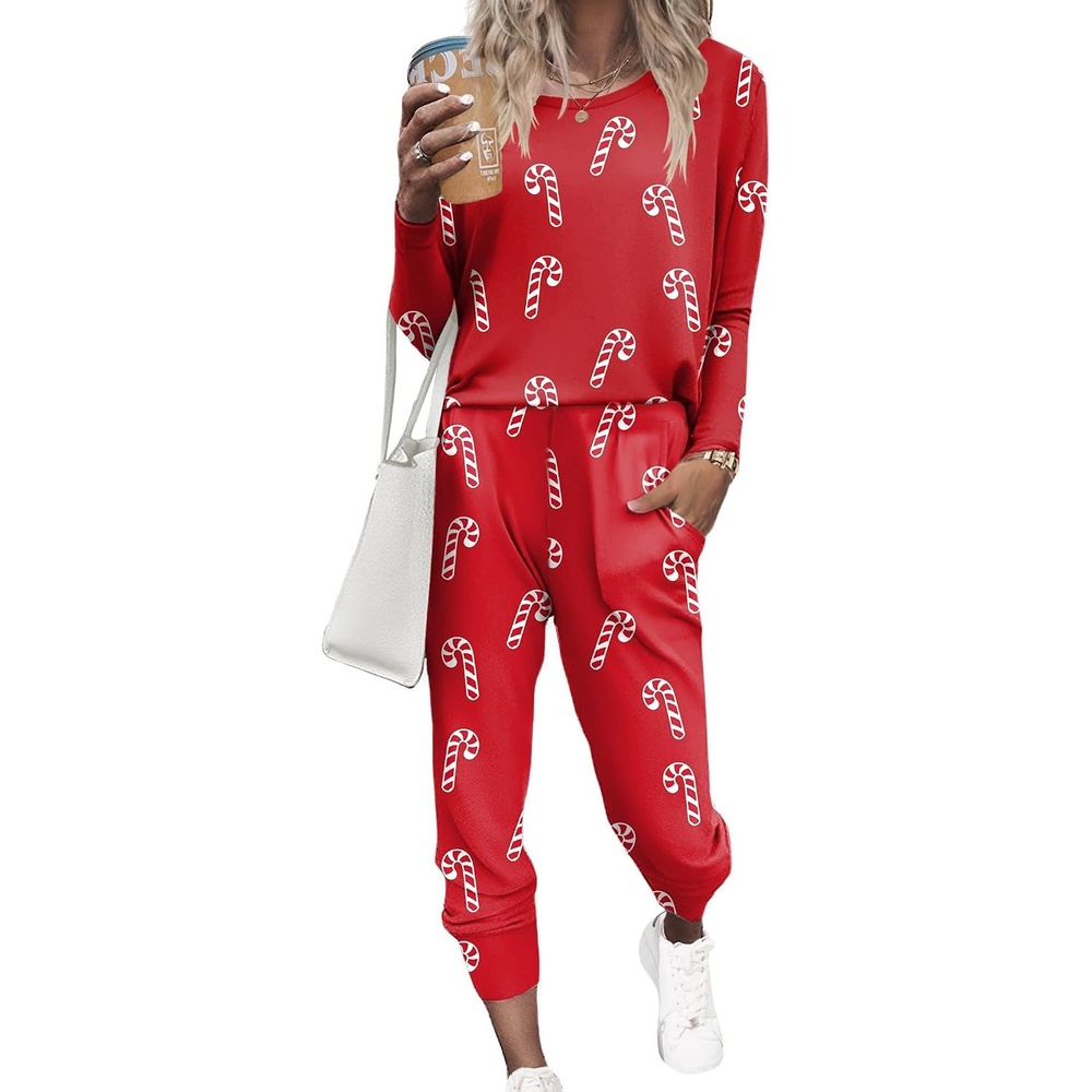 image:imageEkouaer Womens Pajama Sets Long Sleeve Jogger Pj Sets with Pockets XSXXLChristmas Red Candy Cane