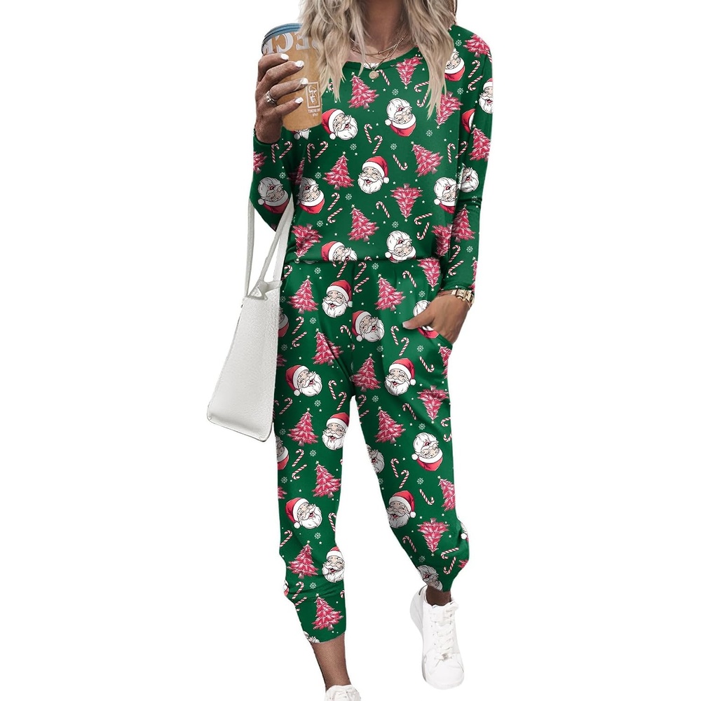 image:imageEkouaer Womens Pajama Sets Long Sleeve Jogger Pj Sets with Pockets XSXXLGreen Santa Christmas Tree
