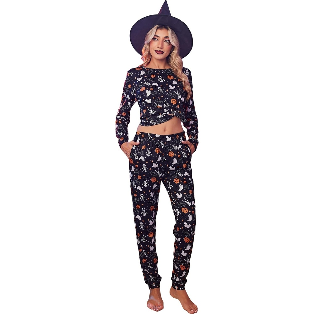 image:imageEkouaer Womens Pajama Sets Long Sleeve Jogger Pj Sets with Pockets XSXXLHalloween Ghosts Print