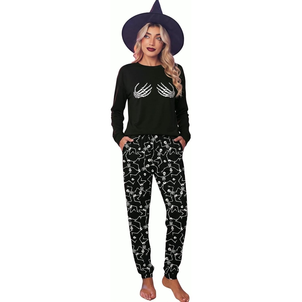 image:imageEkouaer Womens Pajama Sets Long Sleeve Jogger Pj Sets with Pockets XSXXLHalloween Skeleton Print