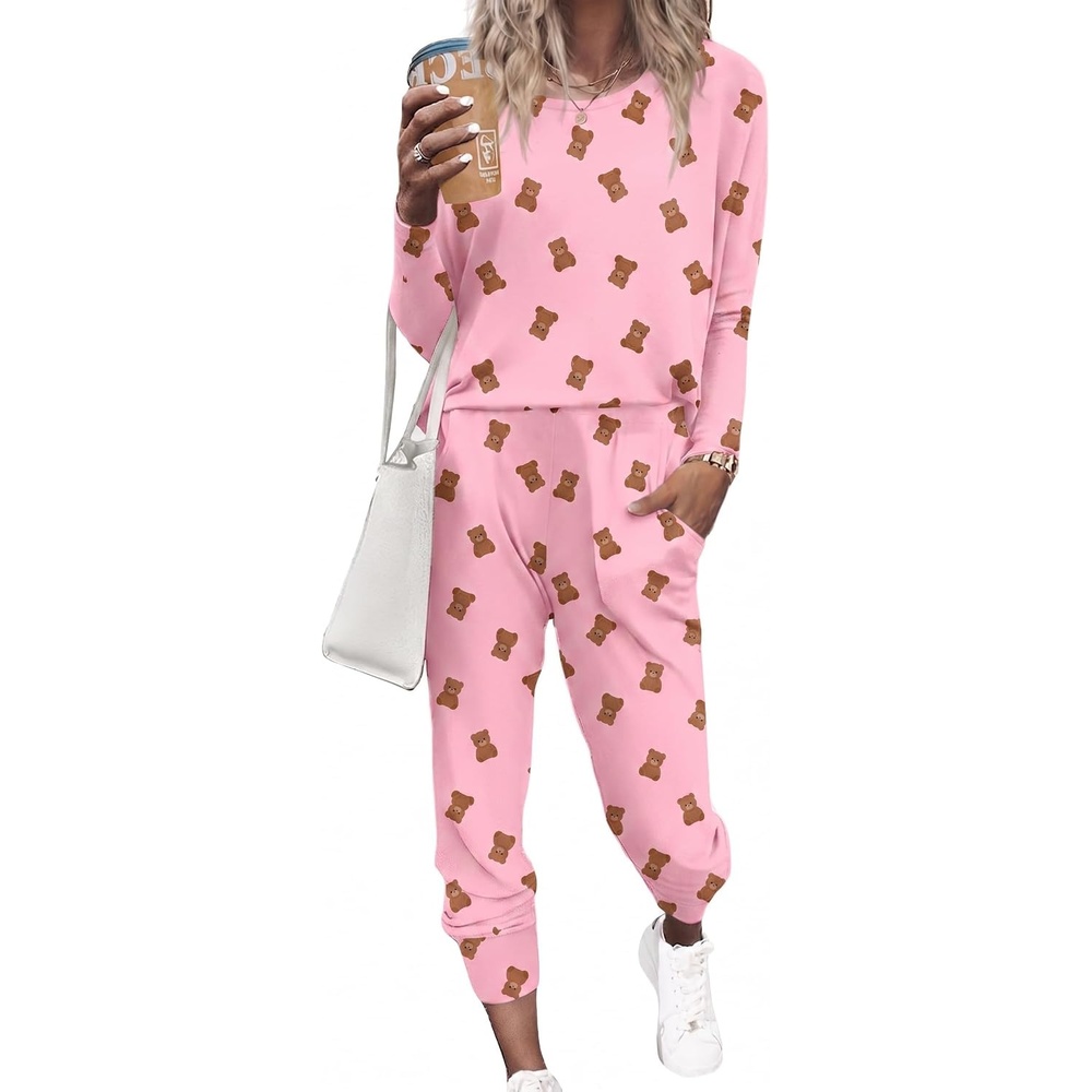image:imageEkouaer Womens Pajama Sets Long Sleeve Jogger Pj Sets with Pockets XSXXLPink Bear