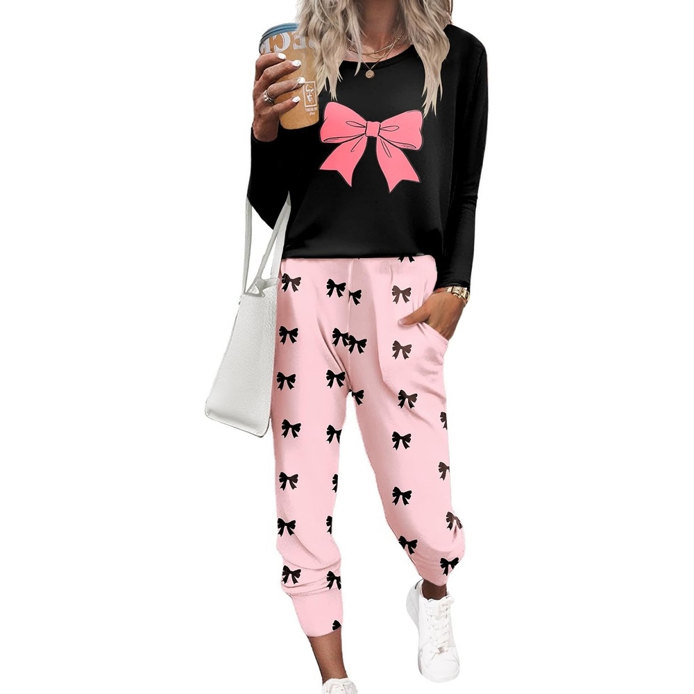image:imageEkouaer Womens Pajama Sets Long Sleeve Jogger Pj Sets with Pockets XSXXLPink Bow