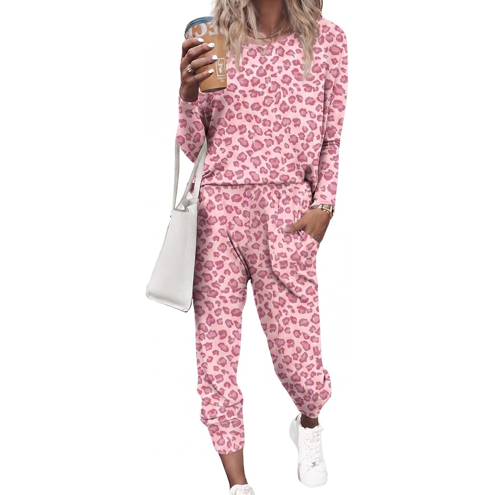 image:imageEkouaer Womens Pajama Sets Long Sleeve Jogger Pj Sets with Pockets XSXXLPink Leopard