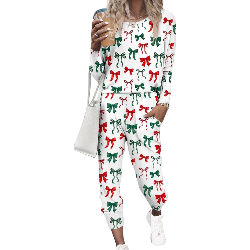 image:imageEkouaer Womens Pajama Sets Long Sleeve Jogger Pj Sets with Pockets XSXXLRed Green Bows