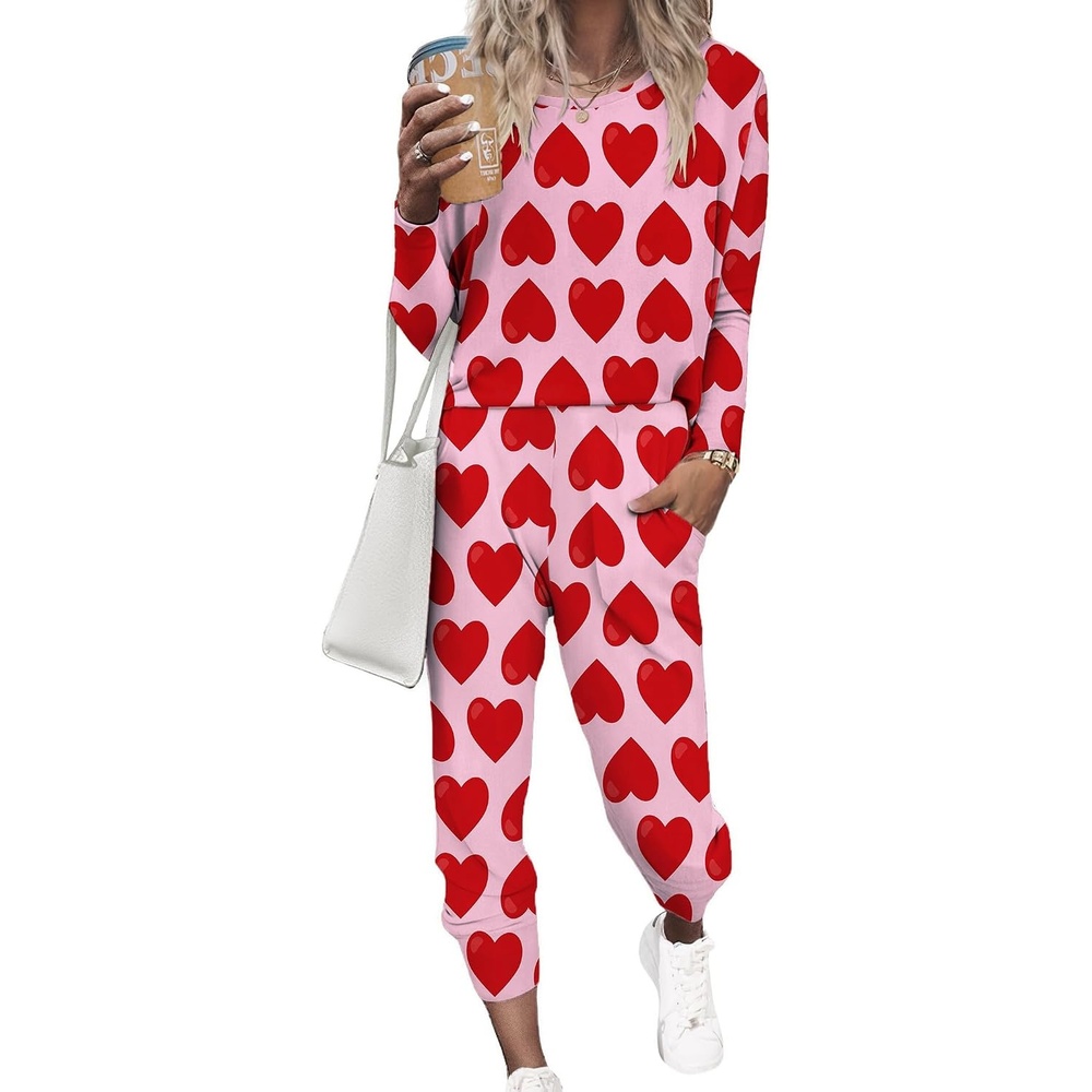 image:imageEkouaer Womens Pajama Sets Long Sleeve Jogger Pj Sets with Pockets XSXXLRed Heart