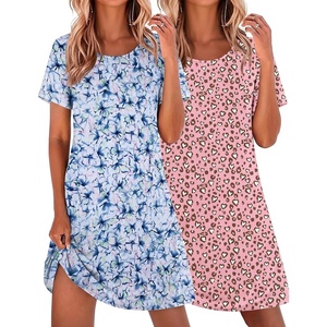 Ekouaer 2 Pack Nightgowns for Women Sleepshirt Short Sleeve Night Shirts(A-butterfly+pink Leopard)