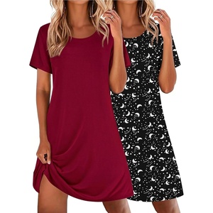 Ekouaer 2 Pack Nightgowns for Women Sleepshirt Short Sleeve Night Shirts(Black Star+wine Red)