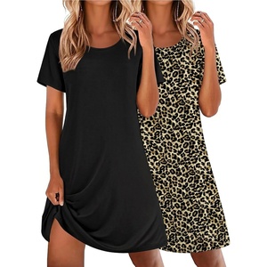 Ekouaer 2 Pack Nightgowns for Women Sleepshirt Short Sleeve Night Shirts(Black+leopard)