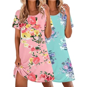 Ekouaer 2 Pack Nightgowns for Women Sleepshirt Short Sleeve Night Shirts(Pink Flower+blue Flower)