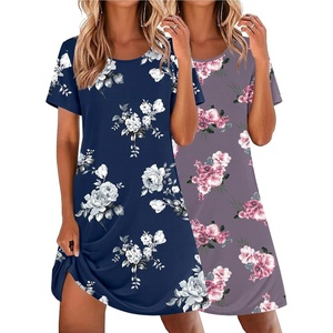 Ekouaer 2 Pack Nightgowns for Women Sleepshirt Short Sleeve Night Shirts(Purple Flower+navy Blue Flower)