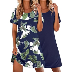 Ekouaer 2 Pack Nightgowns for Women Sleepshirt Short Sleeve Night Shirts(Tropical Leaf+navy Blue)