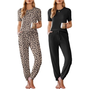 Ekouaer Pajamas for Women Set 2 Pack Lounge Set(Black+leopard)
