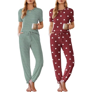 Ekouaer Pajamas for Women Set 2 Pack Lounge Set(Green Stripe+red Heart)