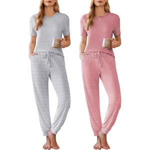 Ekouaer Pajamas for Women Set 2 Pack Lounge Set(Light Gray Stripe+red Stripe)
