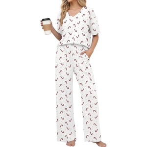 Ekouaer Womens Pajama Sets Cotton Short Sleeve Long Pants Lounge Set(Christmas White)