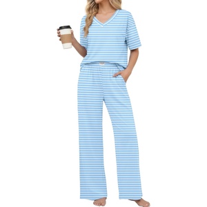Ekouaer Womens Pajama Sets Cotton Short Sleeve Long Pants Lounge Set(Light Blue Striped)