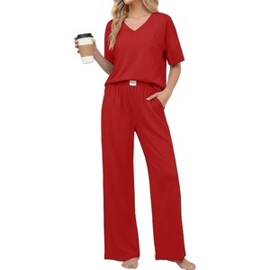 Ekouaer Womens Pajama Sets Cotton Short Sleeve Long Pants Lounge Set(Red)
