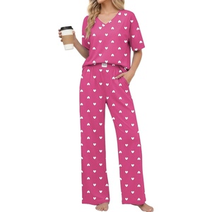 Ekouaer Womens Pajama Sets Cotton Short Sleeve Long Pants Lounge Set(Rose Heart)