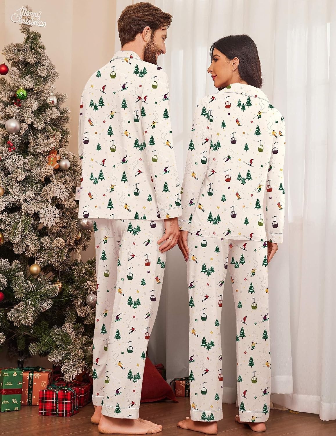 image:imageEkouaer Couple Matching Pajamas 100 Cotton Long Sleeve Loungewear Pj SetsChristmas Apricot Ski Lift