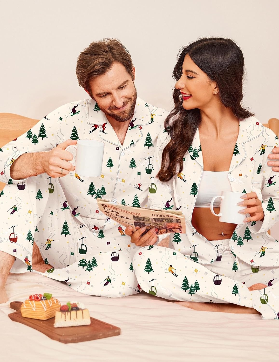 image:imageEkouaer Couple Matching Pajamas 100 Cotton Long Sleeve Loungewear Pj SetsChristmas Apricot Ski Lift