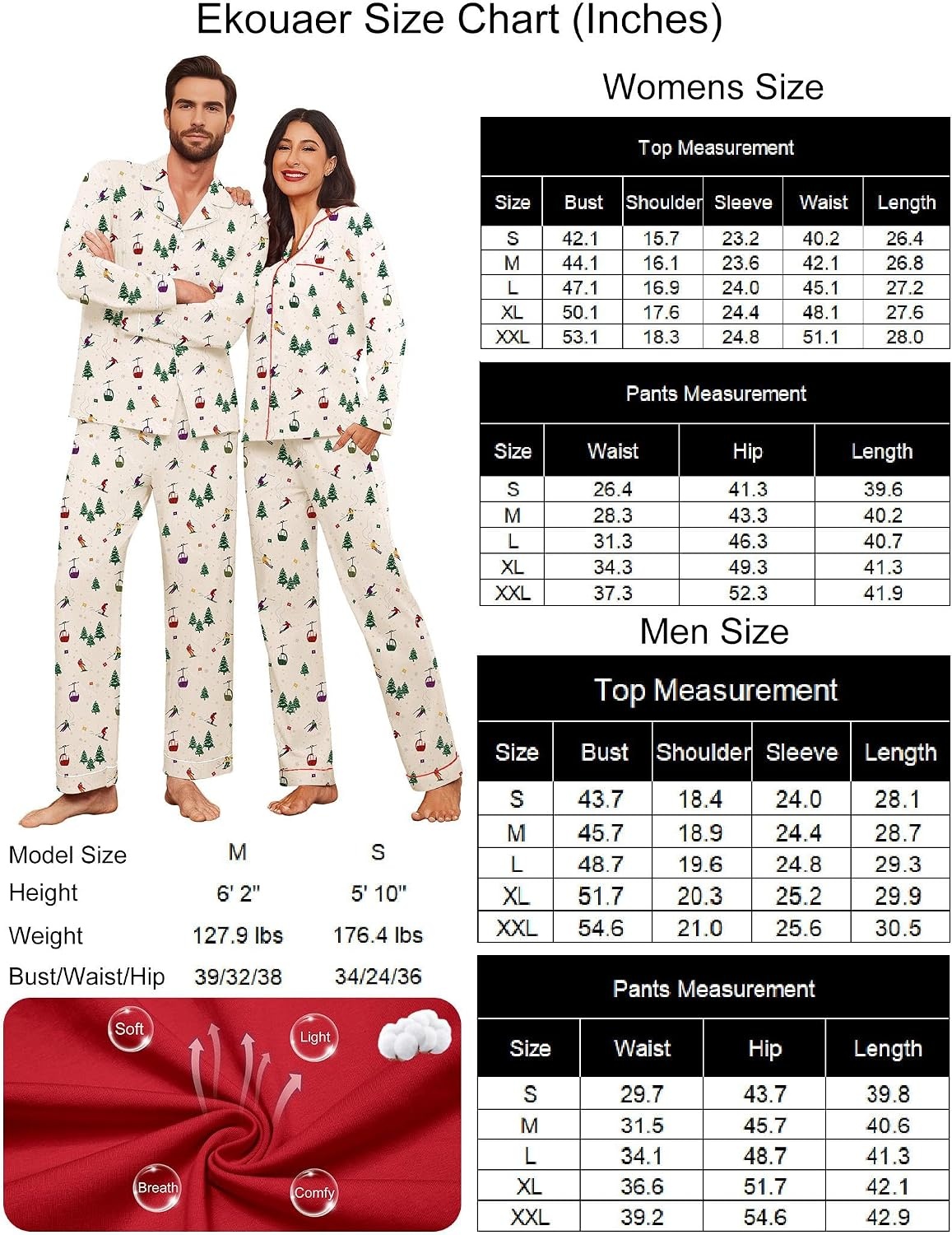 image:imageEkouaer Couple Matching Pajamas 100 Cotton Long Sleeve Loungewear Pj SetsChristmas Apricot Ski Lift