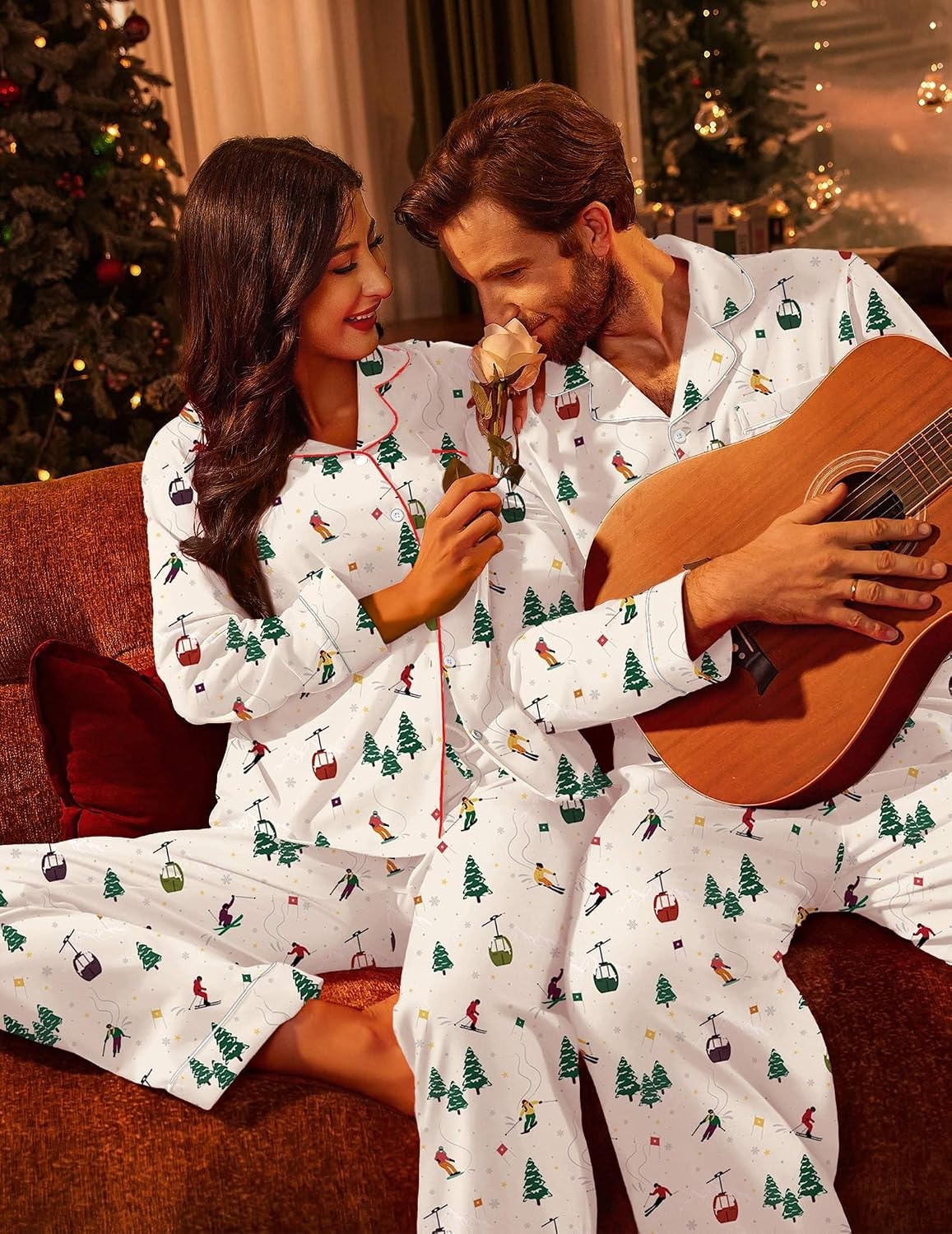 image:imageEkouaer Couple Matching Pajamas 100 Cotton Long Sleeve Loungewear Pj SetsChristmas Apricot Ski Lift