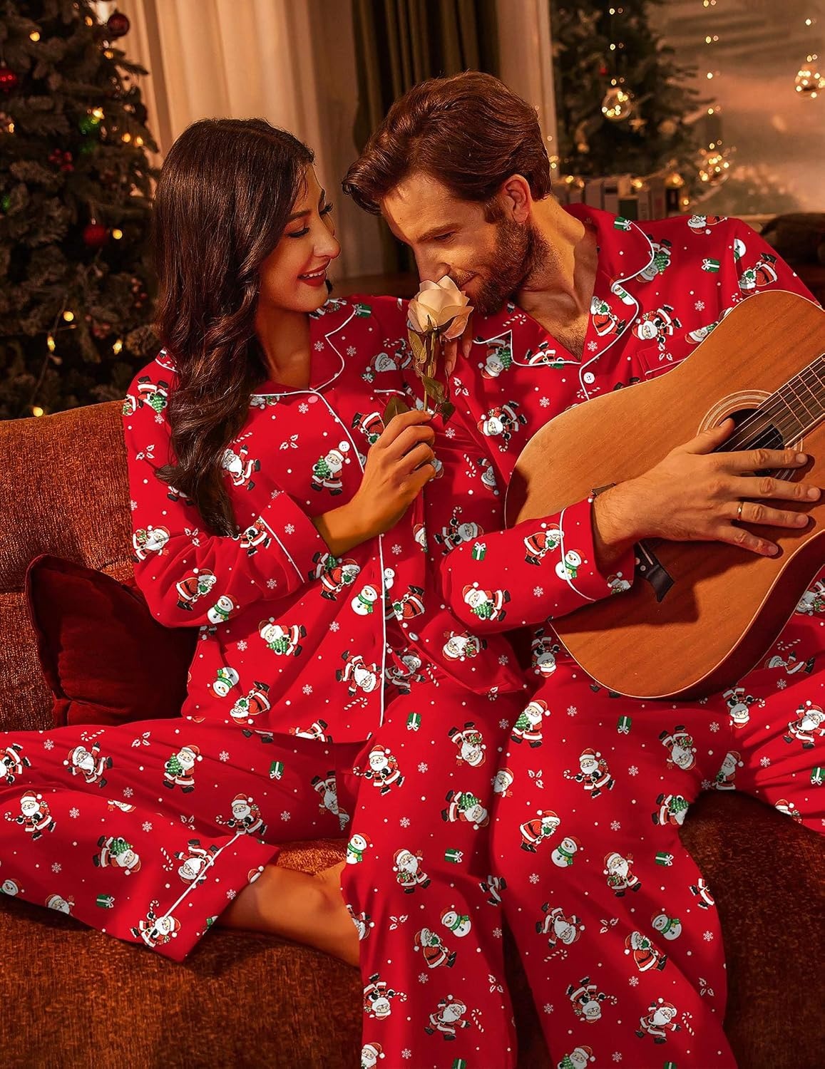 image:imageEkouaer Couple Matching Pajamas 100 Cotton Long Sleeve Loungewear Pj SetsChristmas Red