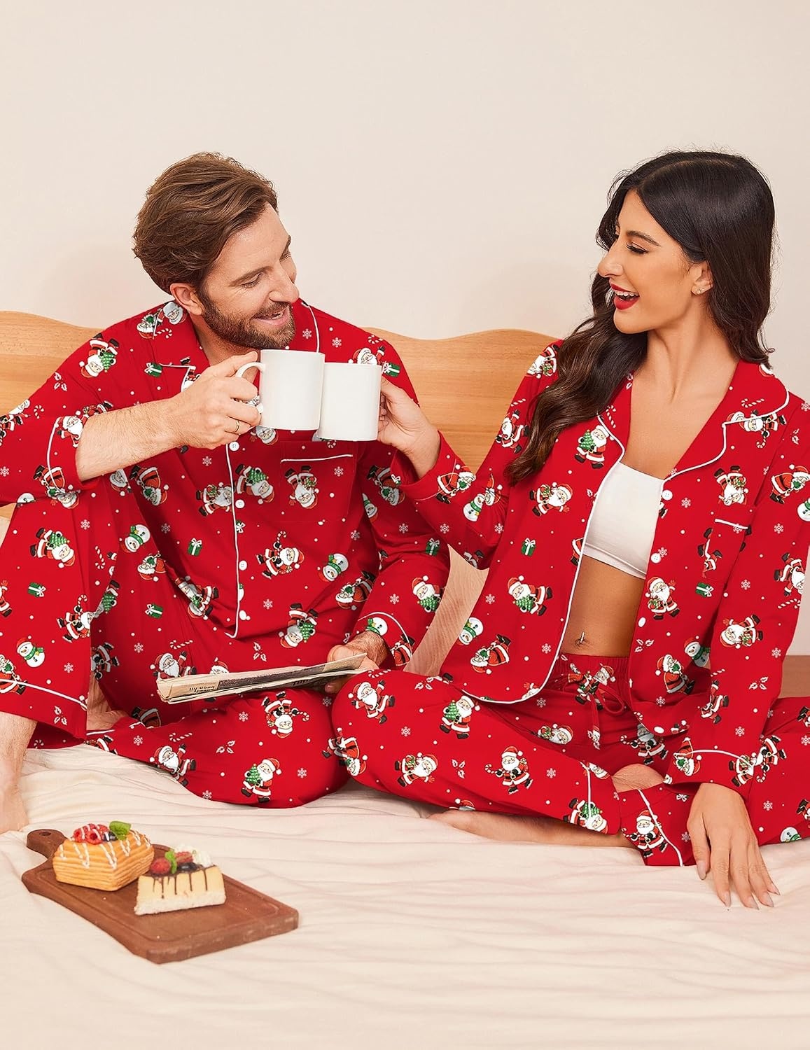 image:imageEkouaer Couple Matching Pajamas 100 Cotton Long Sleeve Loungewear Pj SetsChristmas Red