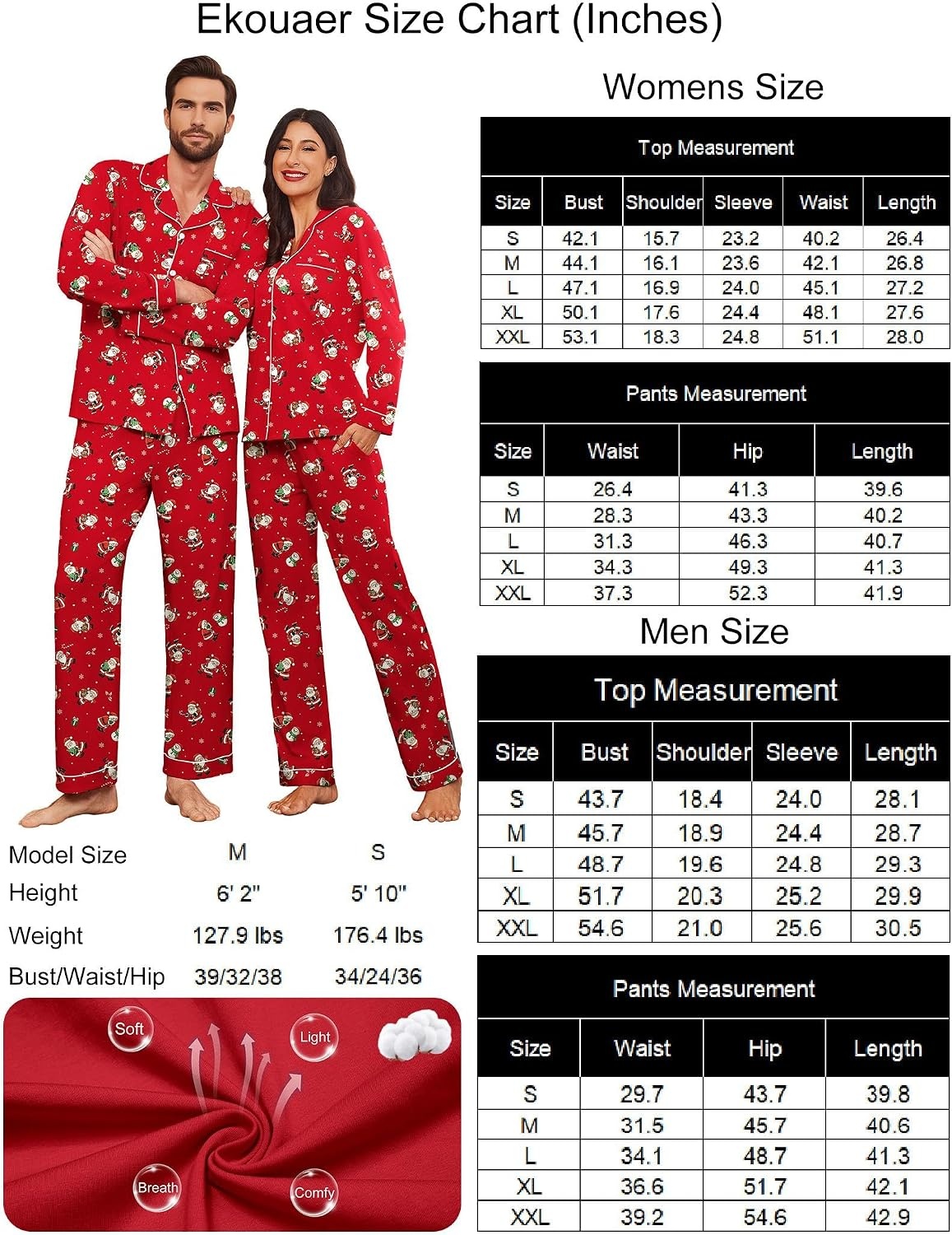 image:imageEkouaer Couple Matching Pajamas 100 Cotton Long Sleeve Loungewear Pj SetsChristmas Red