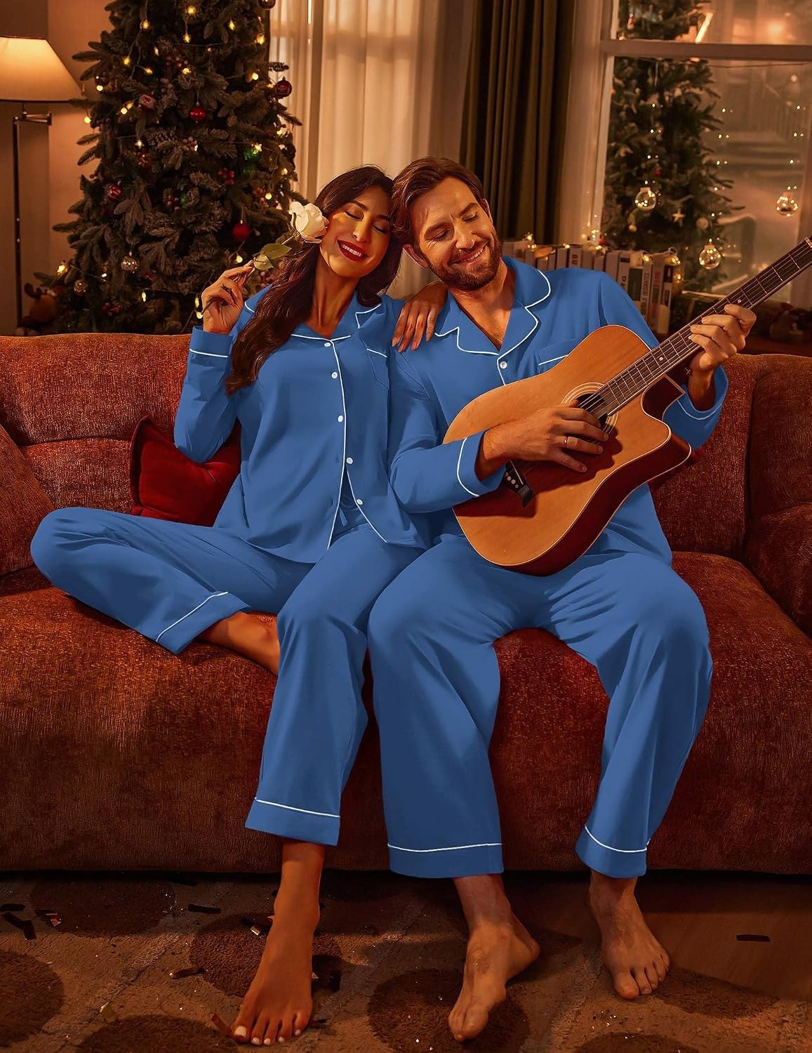 image:imageEkouaer Couple Matching Pajamas 100 Cotton Long Sleeve Loungewear Pj SetsNavyb