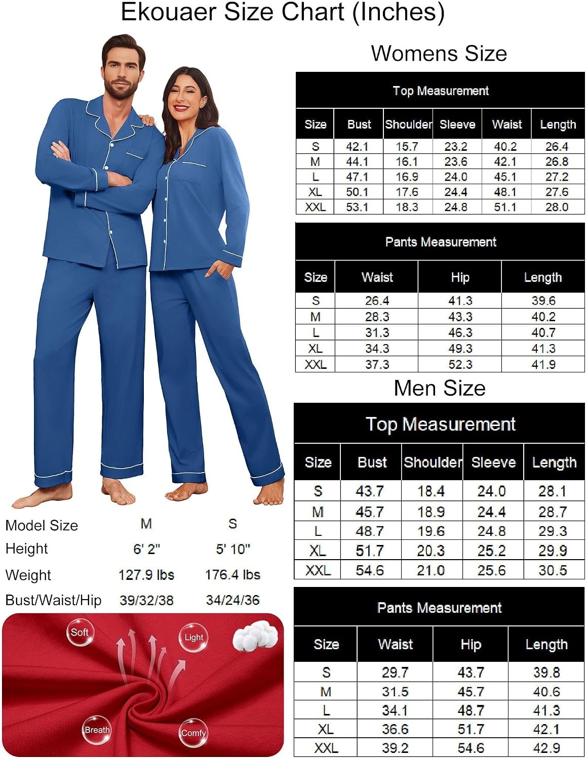 image:imageEkouaer Couple Matching Pajamas 100 Cotton Long Sleeve Loungewear Pj SetsNavyb